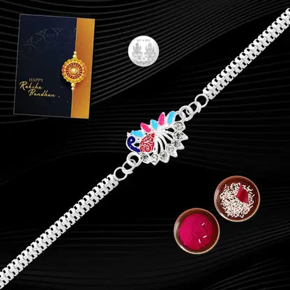 Single Designer Peacock Rakhi For Brother  Includes Silver Coin Roli Chawal  Greeting Card Single Designer Peacock Rakhi For Brother  Includes Silver Coin Roli Chawal  Greeting Card